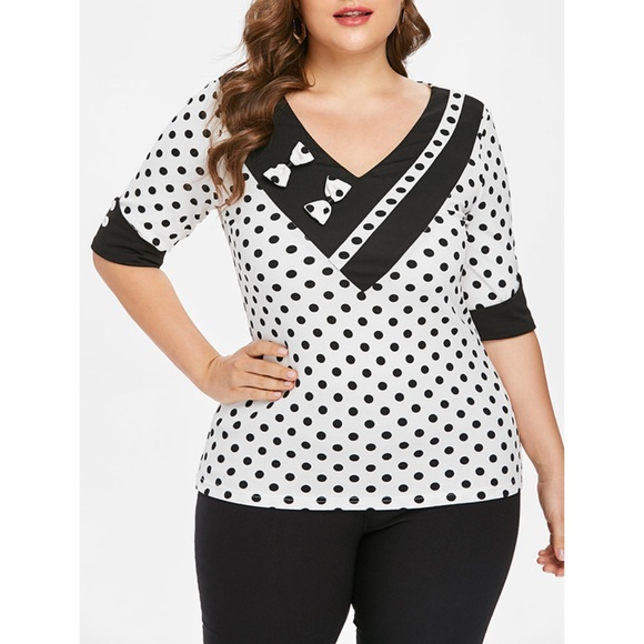 Rosegal for Curves Collection Tops - Plus Size Retro Polka Dot V Neck T-shirt - White
